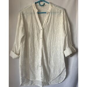 Jennifer & Grace White‎ Floral Embroidered Cotton Button Up Blouse Roll Tab Med